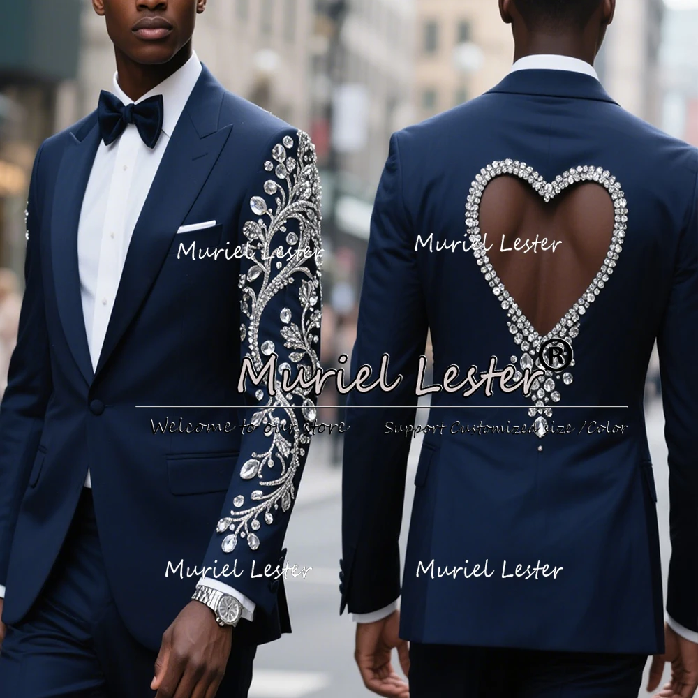 

Luxury Diamond Beaded Suits Men 2 Pieces Sets Navy Single Breasted Groom Blazers Customized Man Party Wedding Tuxedos Slim Fit
