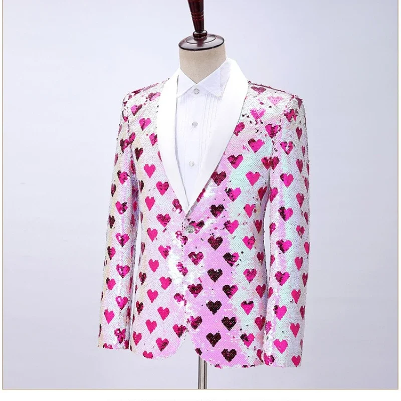 2025 Blazer de lentejuelas que cambia de Color de amor con cuello de fruta verde a la moda para hombres, chaqueta de vestir de actuación de presentador de cantante rosa de moda