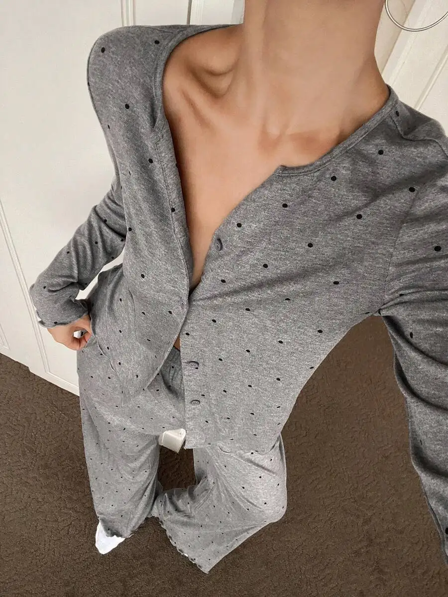 Women Polka Dot Lapel Collar Long Sleeve Pajama Set With Ruffle Hem