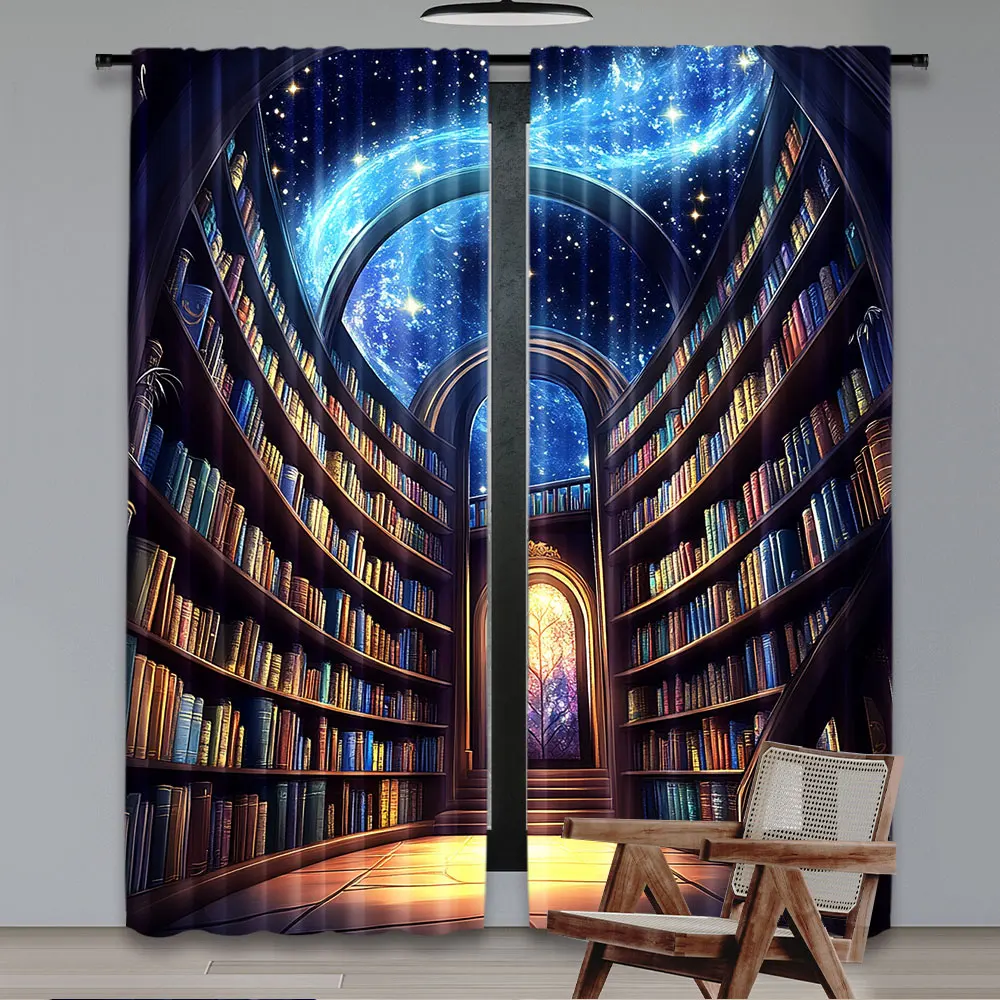 2Pcs Magic Library Fantasy Space Curtain Cool Vintage Bookshelf Galaxy Witchy For Living Room Bedroom And Many Other Occasions