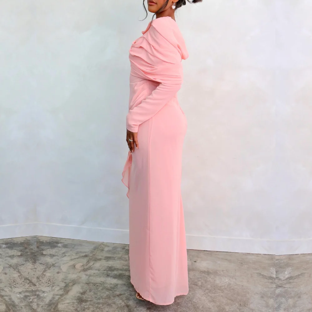 Pink Chiffon Arabic Dubai Women Party Dresses Long Sleeves Pleated Modest Sheath Floor Length Formal Prom Dress Evening Gowns