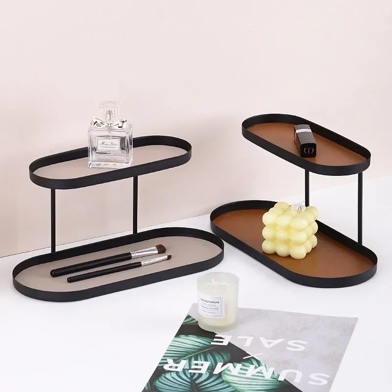 Iron+PU Leather Double Layered Storage Racks Ornament Perfume Cosmetics Vestibule Kitchen Bedroom Desktop Display Home Organizer