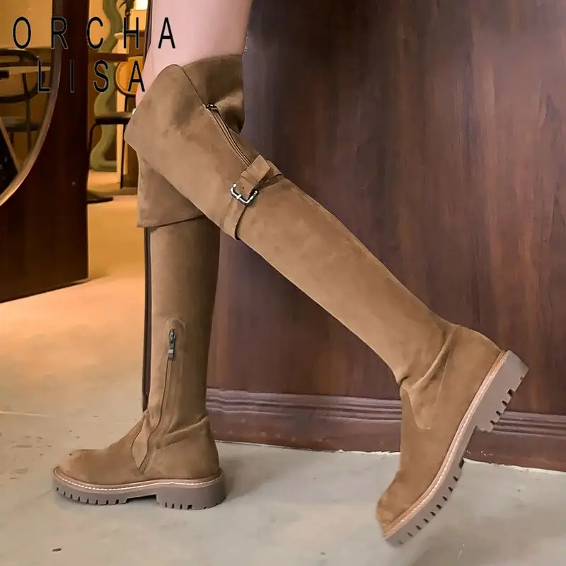 

ORCHA LISA Winter Women Over Knee Boots Flock Round Toe Flats Zipper Plus Size 41 42 Warm Plush Snow Bota Fashion Female Shoes