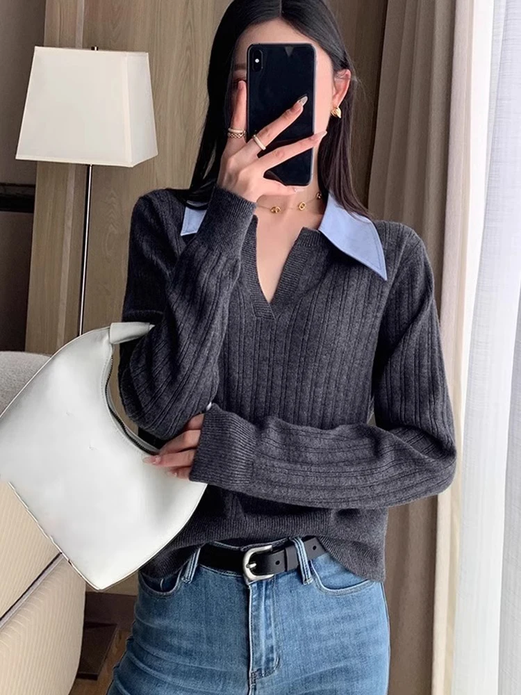 

Collar Long Sve Camere Knitted Sweater Casual Loose Sle Age-Defng Woolen Top Korean Commute Faion Single Piece