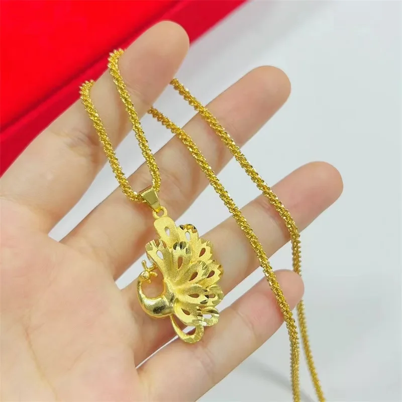 

Luxury 24K 9999 Pure Gold real gold Women's Peacock Open Screen Pendant Necklace