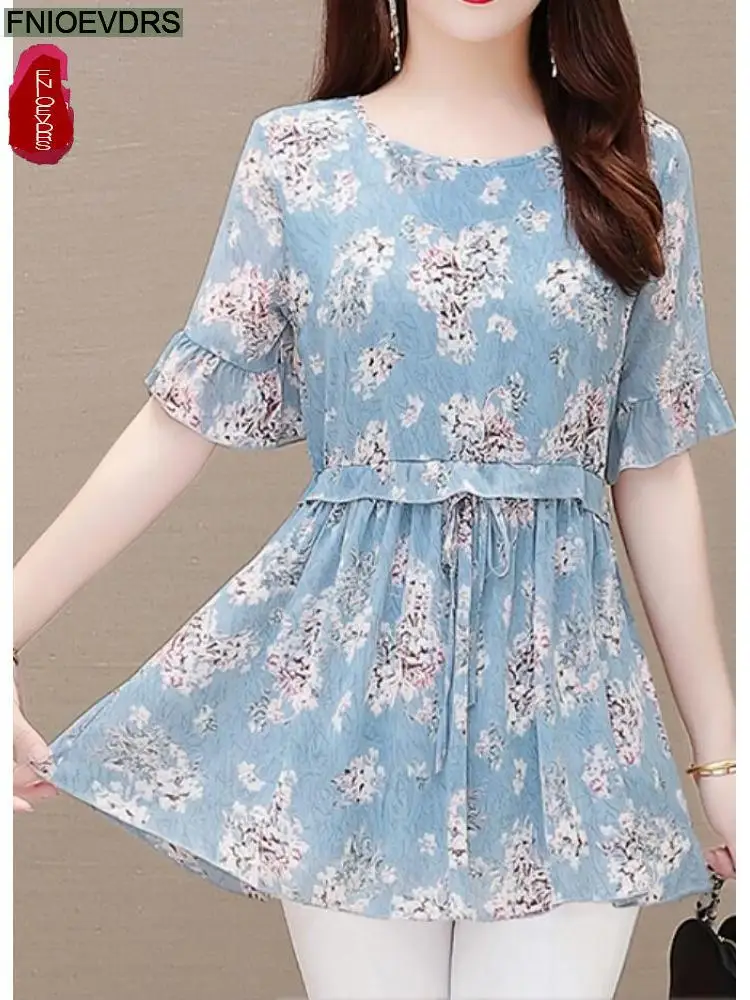 2022 Women Flower Floral Printing Long Tunic Drawstring Lace-Up Chiffon Shirt Blouses Bow Tie Retro Vintage Loose Peplum Tops