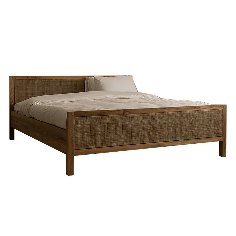 CJL Retro Rattan Braided Bed Medieval Wabi-Sabi 1.8M Solid Wood Bed