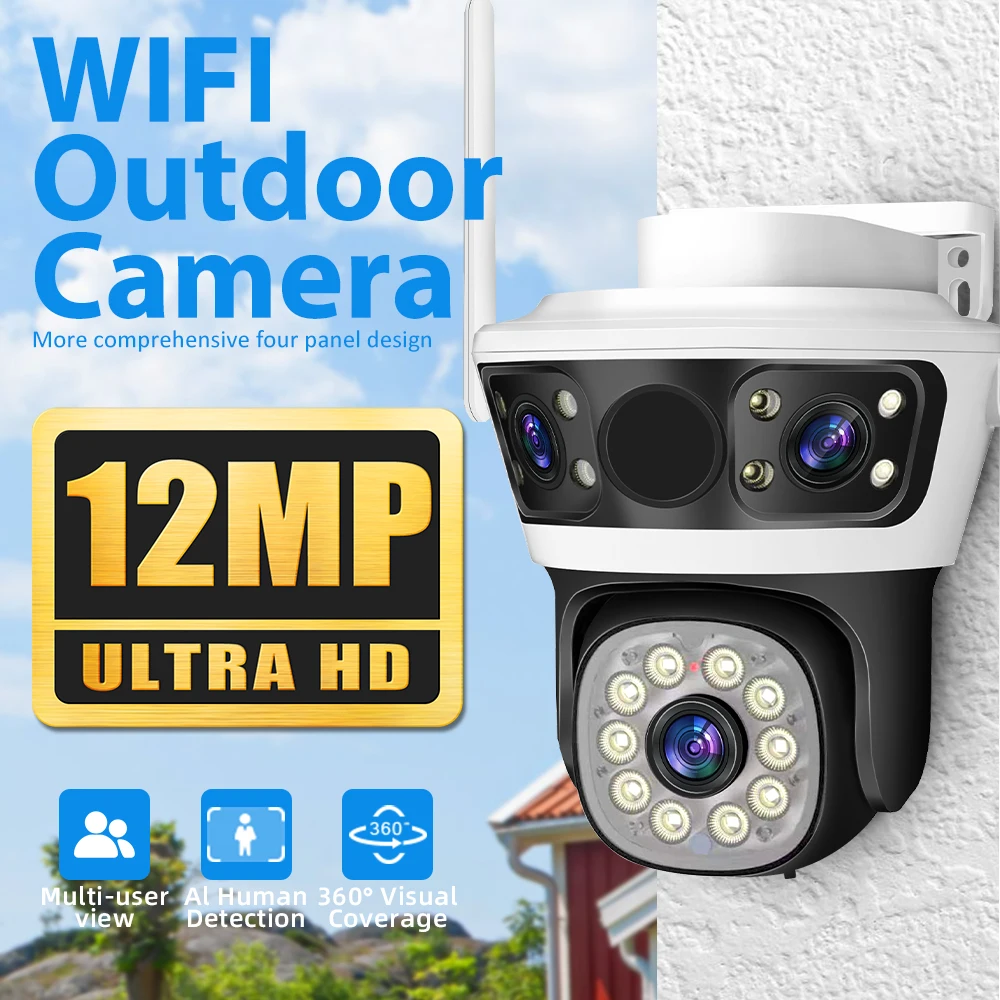 6K 12MP HD WiFi PTZ Camera Outdoor Triple Lens Triple Screen Security Mobile AI Auto Tracking CCTV Audio Video Surveillance