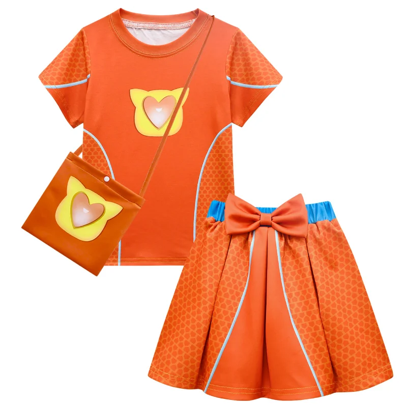 SuperKitties Cartoon Print Girl's Short Sleeve Pleated Skirt Three-Piece Set with Headband and Bag Cosplay Costume