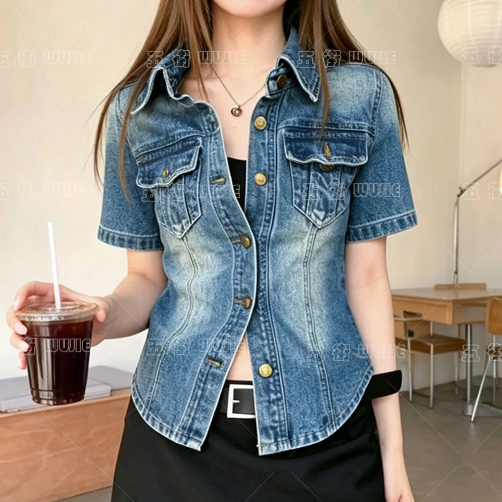 French retro Polo collar short-sleeved denim jacket women's summer 2026 fashion loose single-breasted temperament top