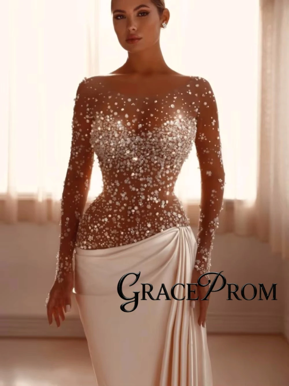 Illusion Top Beaded Fashionable Wedding Dress Flowy Satin Mermaid Customized Bridal Gown Beautiful Reception Women Wear