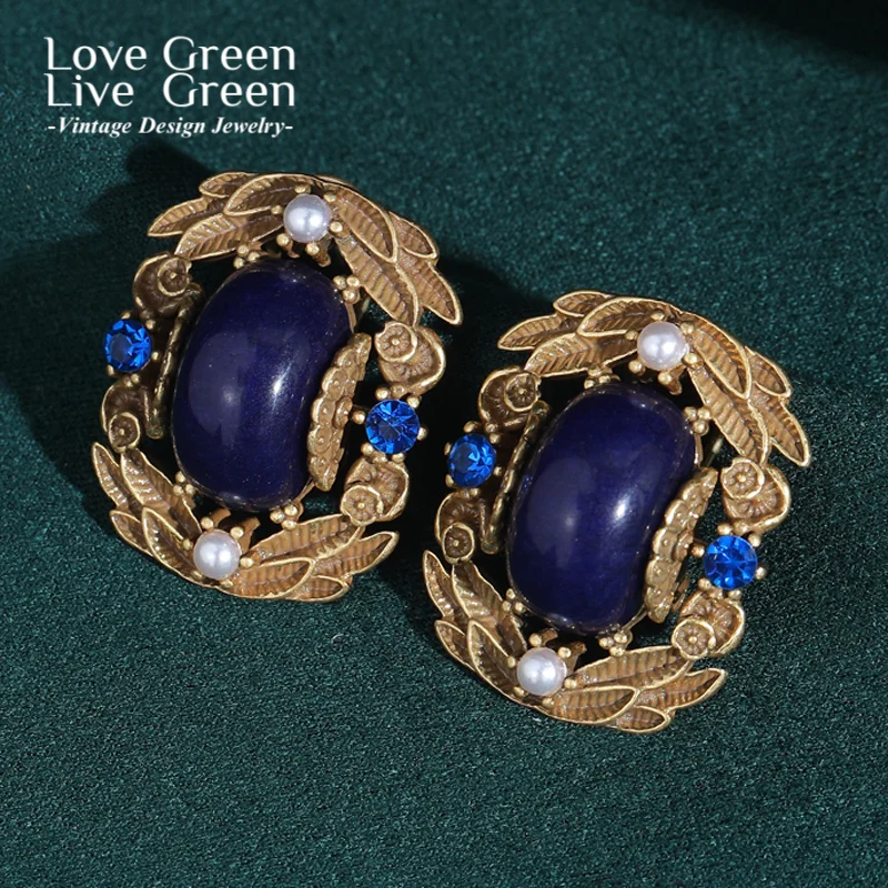 

Vintage Royal Blue Lapis Lazuli Earrings For Woman Leaf Zircon Rhinestone Big Stud Luxury Quality Designer Accessories Wedding