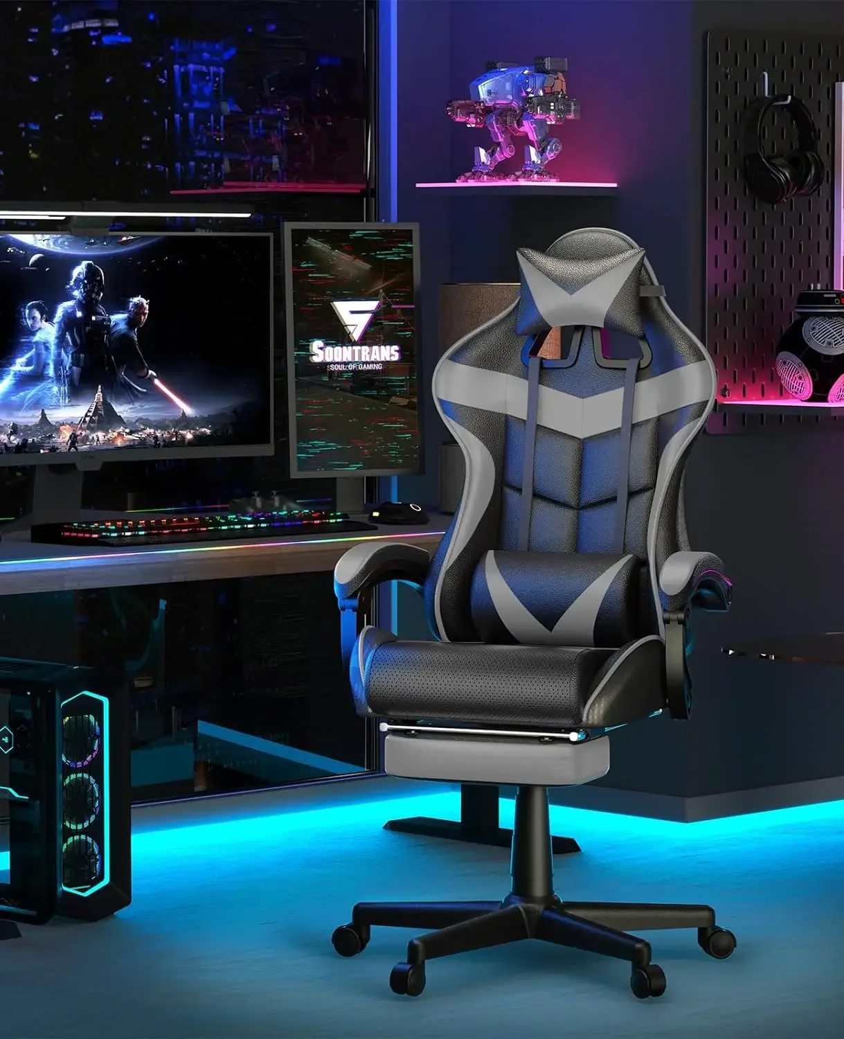 Grey Gaming Chairs with Footrest,Ergonomic Computer Game Chair, Gamer Chair with Lumbar Pillow and Adjustable Headrest