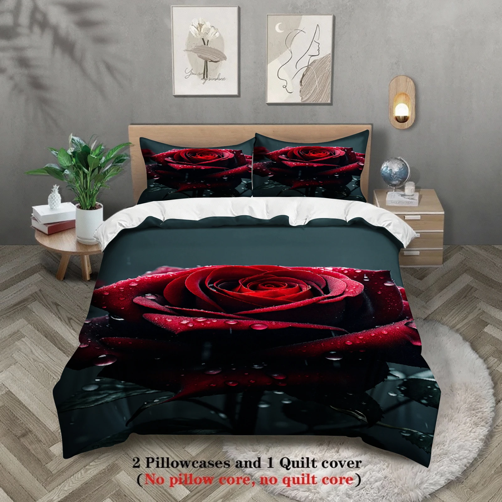 Dewy Red Rose Duvet Cover Set Dark Floral Bedding Set For Nature Lovers Bedroom Decor Twin Queen King Size With 2 Pillowcases