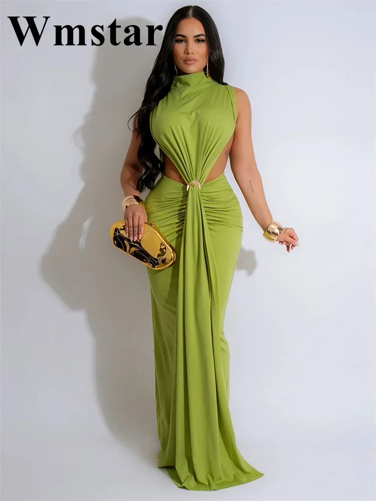 Wmstar Women Dress Sleeveless Side Slit Ruched Midi Dresses Solid Color Bodycon Sexy Party Eleganckie ubrania Długie stroje festiwalowe