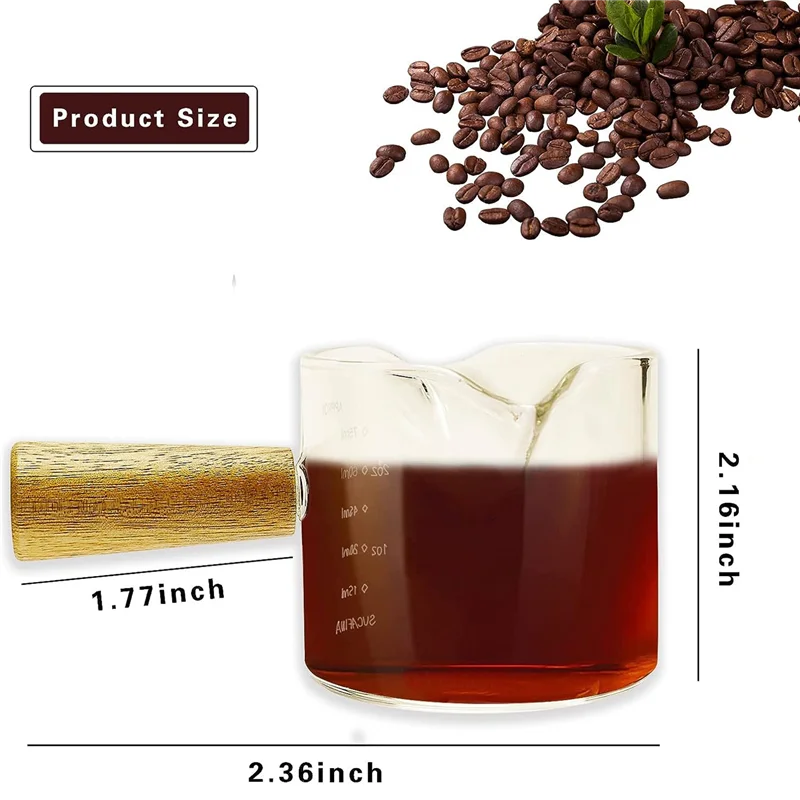 

P4-2Pcs Double Spouts Espresso Shot Glasses Measuring Glass Espresso Cups Cookware With Wood Handle For Milk Coffee, 75 Ml Durab