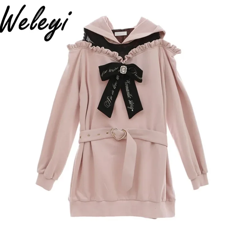 Ropa Mujer Kawaii Lolita Hoodies Autumn Fashion New Hooded Lace Stitching Off Shoulder Long Sleeved Embroidered Bow Loose Hoodie