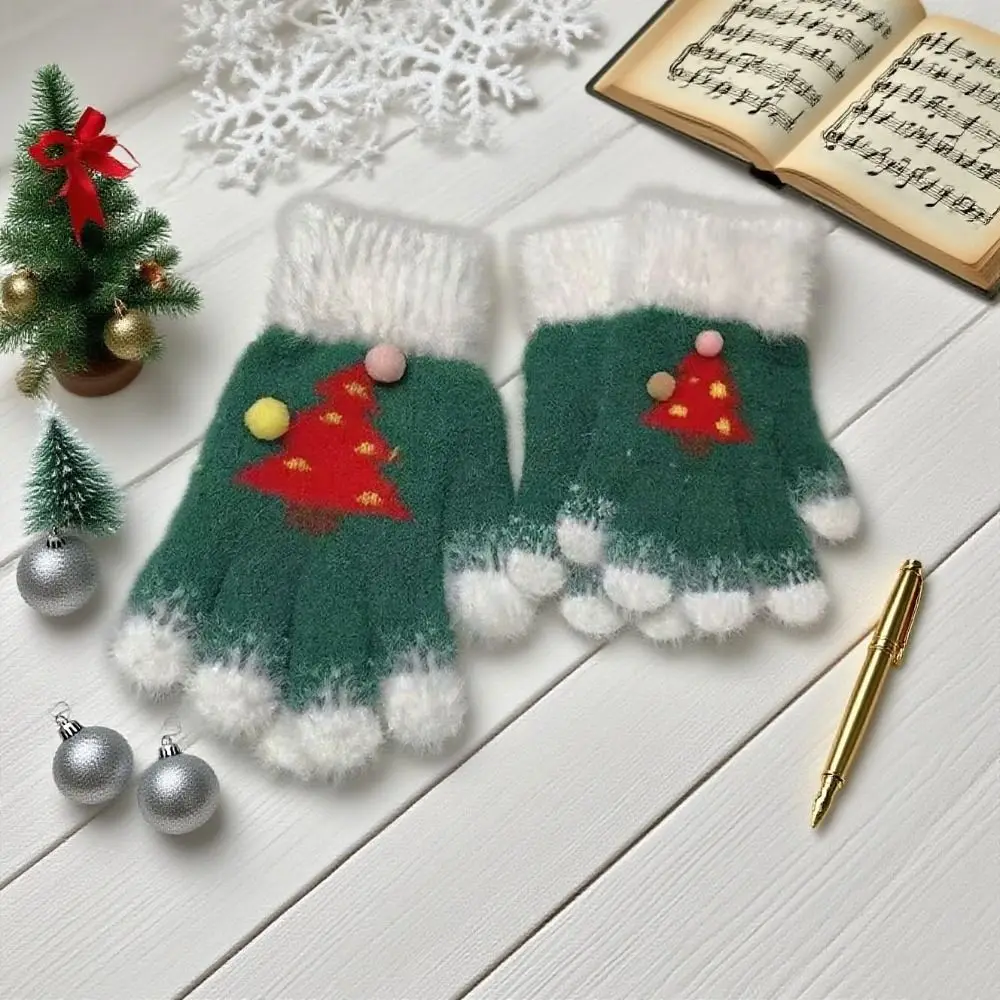 Thickened Insulation Christmas Tree Gloves Warm Elastic Winter Gloves Knitted Design Comfortable Five-finger Gloves Women