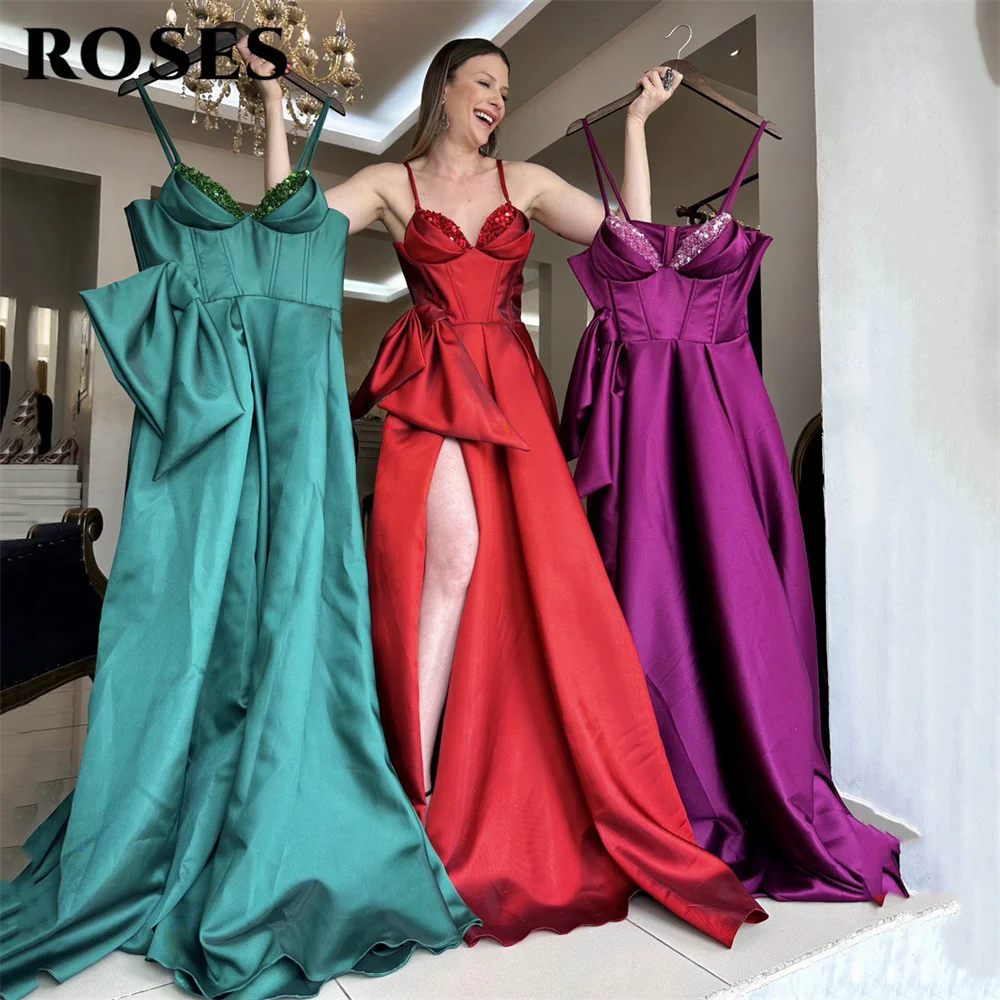 Rosas vestido de noite vermelho cinta de espaguete vestido de baile alta fenda vestido de noite com lantejoulas embelezadas robes de soirée personalizado