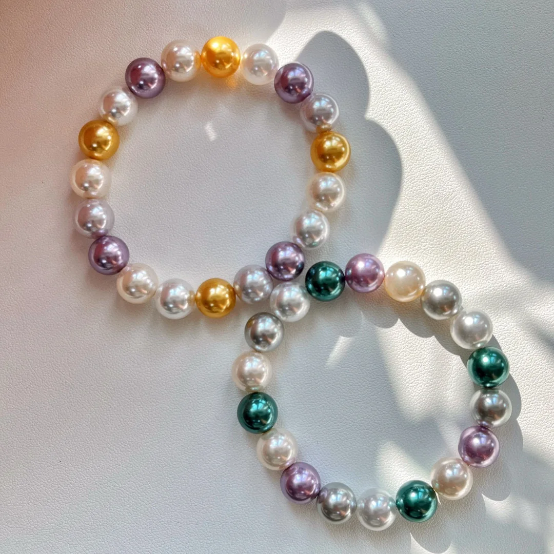 10mm Winter French Instagram Style Mixed Color Candy Faux Pearl & Crystal Bracelet Stackable Beaded Stretch Hand Chain for Women