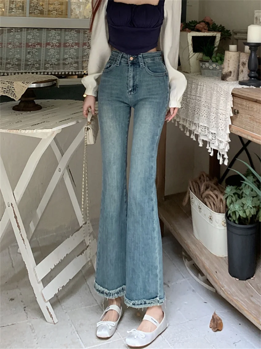 PLAMTEE wysoka rozciągliwość Flare spodnie damskie letnie Denim 2023 Streetwear Jeans Tassel szykowna, Slim-Fit odzież do pracy nowe biuro Lady