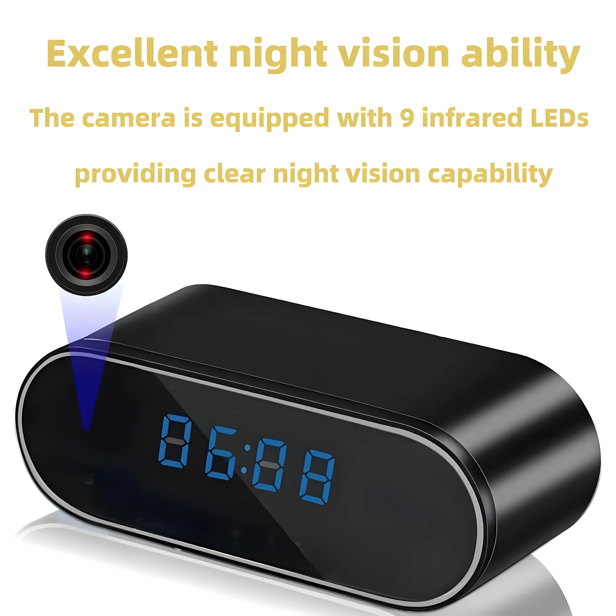 Mini alarm clock equipped with full HD 1080P camera, wireless WiFi control, infrared night vision, suitable for office, room