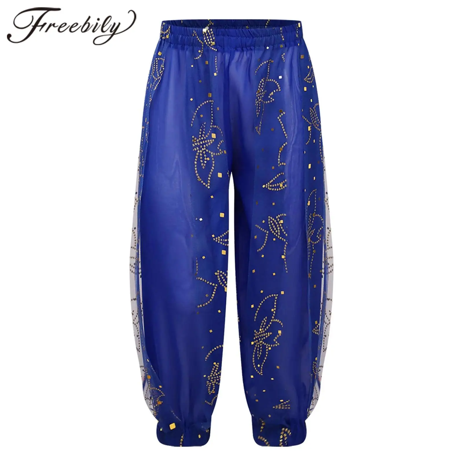 Kids Belly Dance Harem Pants Bloomers for Girls Shiny Floral Print Pants for Stage Performance Trouser Theme Party Costume