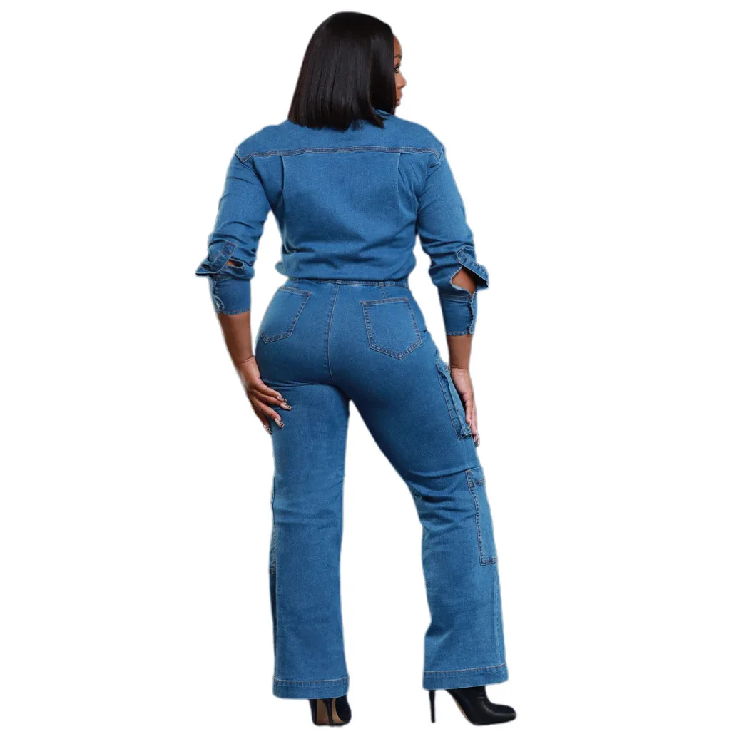 أفرول نسائي فضفاض كبير الحجم بأكمام طويلة من الدنيم، بدلة قطنية مغسولة بخصر عالٍ وأرجل واسعة، ملابس عمل نسائية #2