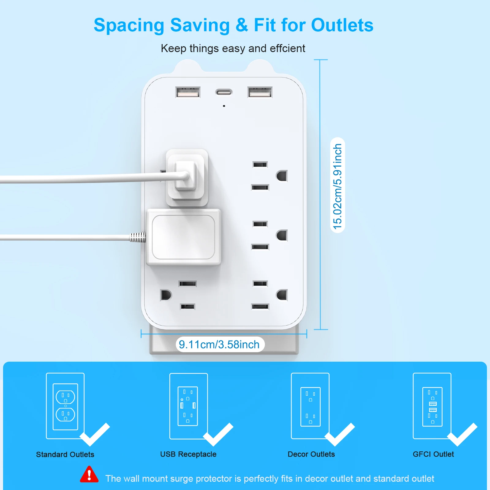 9-in-1 Surge Protector 6-Outlet Extender with 2 USB & 1 USB-C Ports Power Strip Multi Plug Outlets Wall Adapter Spaced for Home