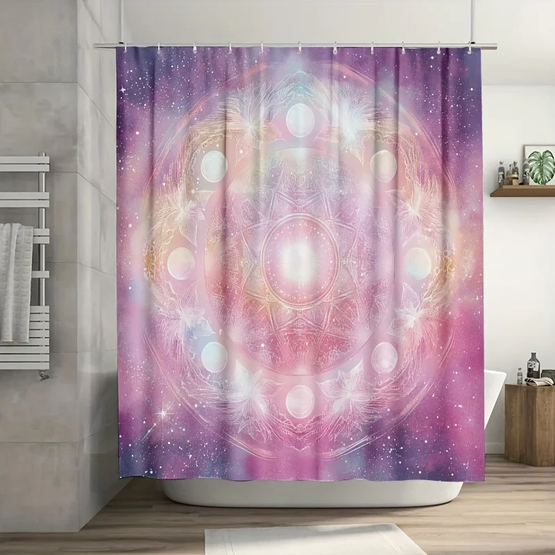 

1 шт., занавеска с космической мандалой, светящиеся звезды и луны, мягкая пастель, 71x71 дюймов, качественный полиэстер, легко чистящийся декор для ванны