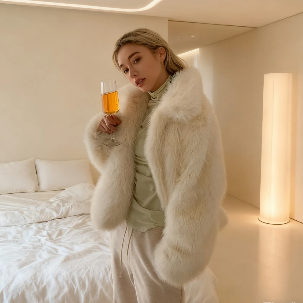 النساء الأبيض فو الفراء معاطف العمل رفض طوق معطف قصير الشرير القوطية سميكة الدافئة فروي الشارع الشهير جاكيتات العمل الخريف الشتاء