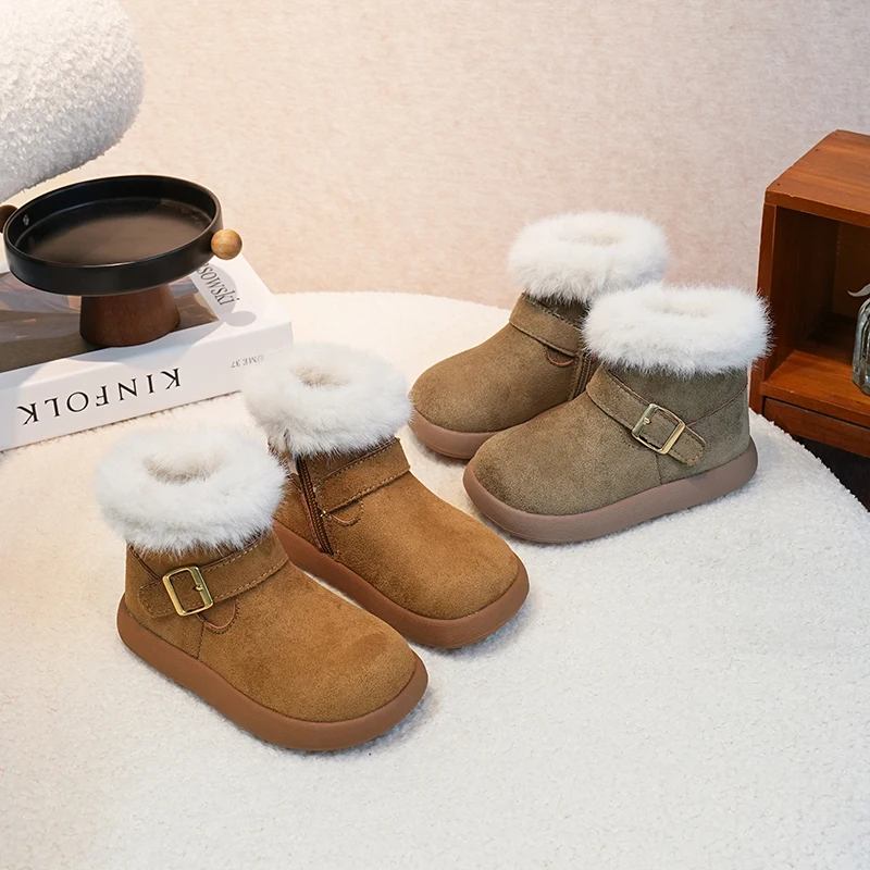 Autumn and Winter Thick-soled Polar Fleece Lining Warm Children's Snow Boots Girls and Boys Buckle Decorative Casual Short Boots