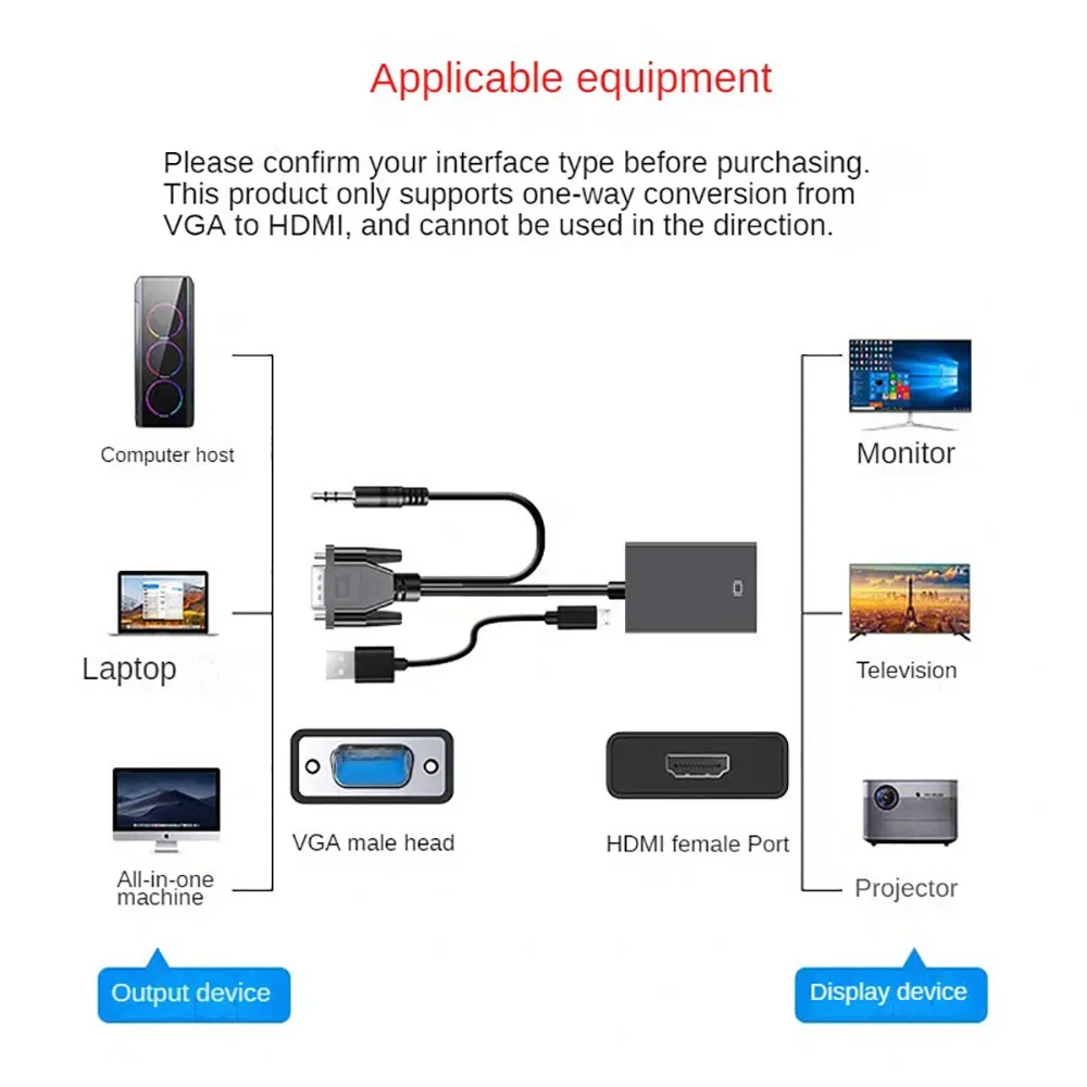 Konwerter HD 1080P VGA na HDMI Adapter VGA z kablem audio-wideo 3,5 mm Wejście VGA Wyjście HDMI do komputera Laptop Projektor TV