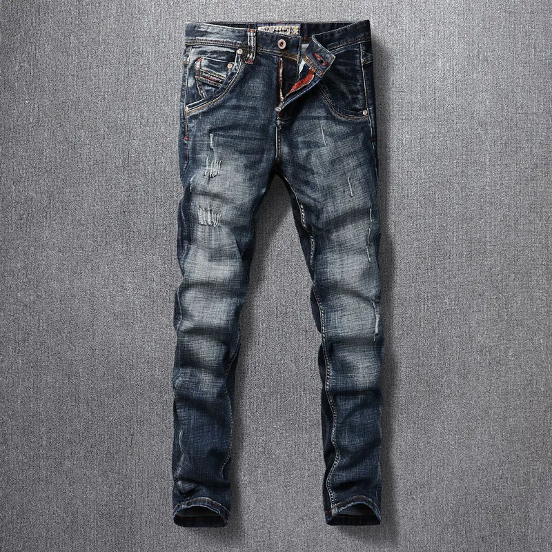 

Fashion Designer Men Jeans High Quality Retro Black Blue Elastic Slim Fit Ripped Jeans Men Italian Vintage Denim Pants Hombre