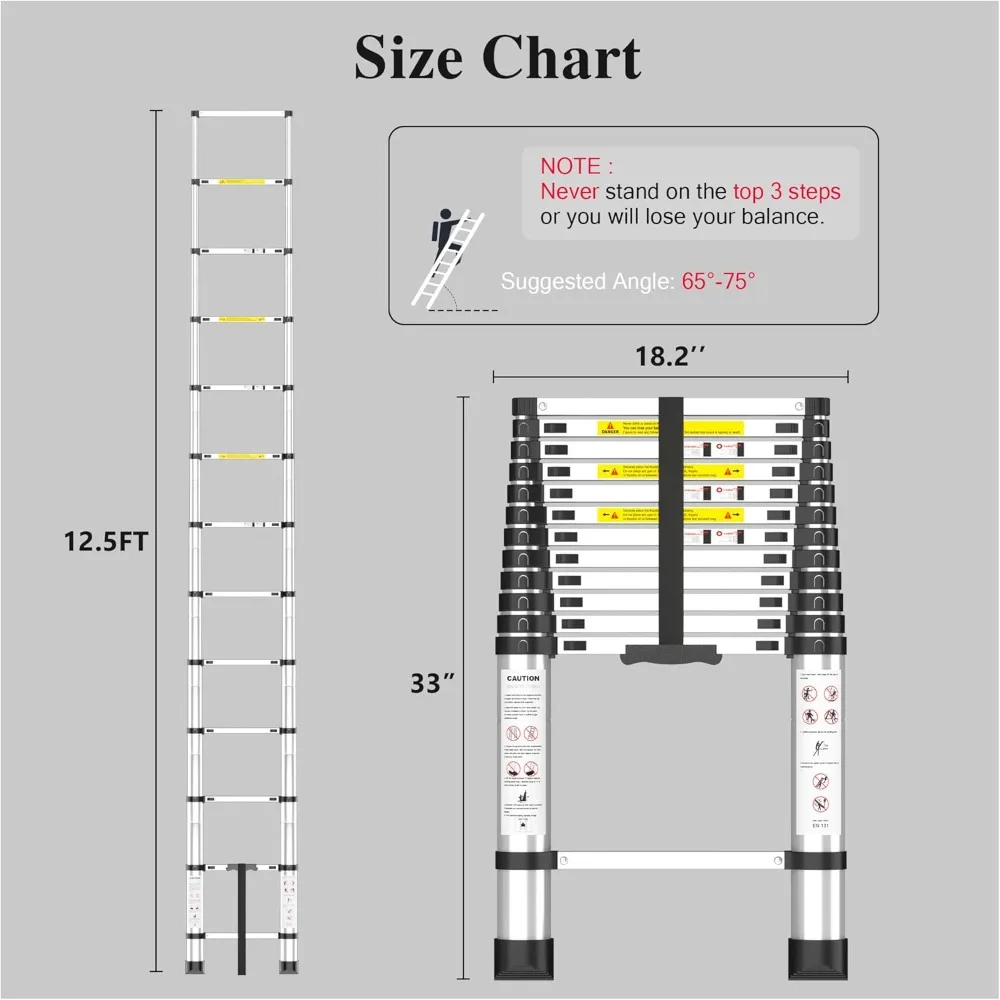 12.5FT Telescopic Aluminum Ladder, 330lbs Capacity, Adjustable Retractable for Home Roof RV Travel