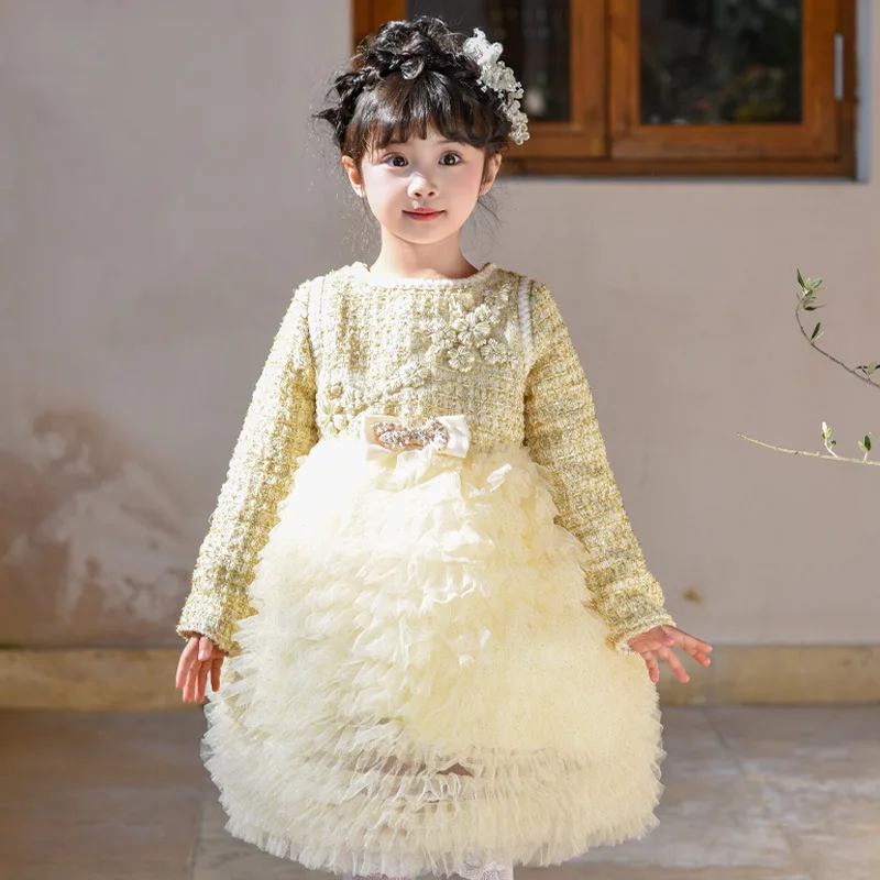2026 Spring New Girl's Light Yellow Braided Three Dimensional Flower Style Waist Mesh Multi Layer Cake Skirt Dress