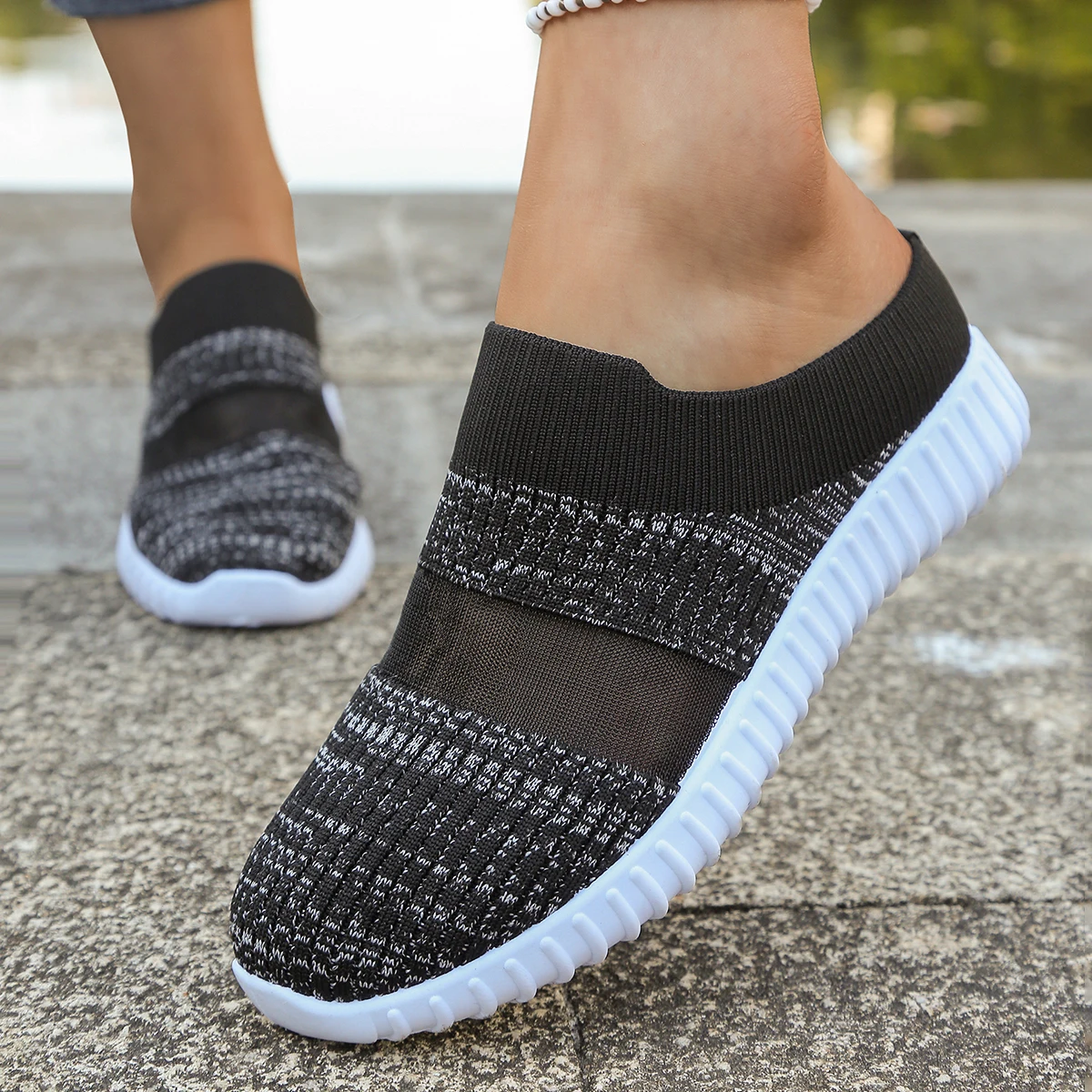 Women Shoes Backless Slip On Mule Sneakers Breathable Knitted Mesh Upper Lightweight Non Slip Casual Free Shipping Shoes