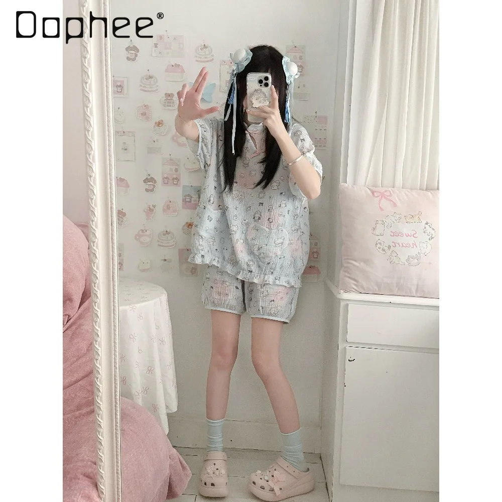 Original sweet cute girl cartoon print pajama set for girls short-sleeve shorts two-piece set loose casual women loungewear