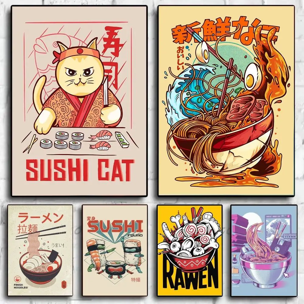 Japanisches Essen Sushi Katze Lustige Ramen Nudeln Poster Selbstklebende Kunst Wasserdichter Papieraufkleber Kaffeehaus Bar Zimmer Wanddekoration