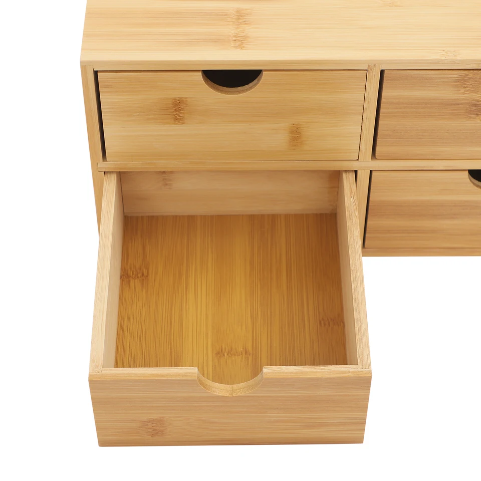 Organizador de escritorio de bambú ecológico, caja de almacenamiento de 4 niveles con acabado suave, unidad de cajones que ahorra espacio para papelería, cosméticos, documentos 8