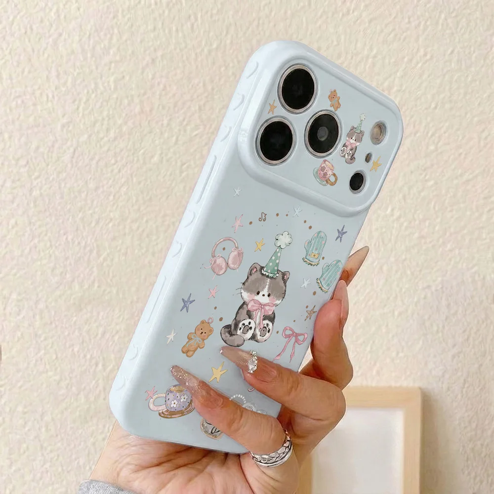 Phone Case for Apple iPhone 17 16 15 ProMax 17 16 15 14 13 12 11 Cases Light Blue Party Kitten Large Window skin-friendly touch