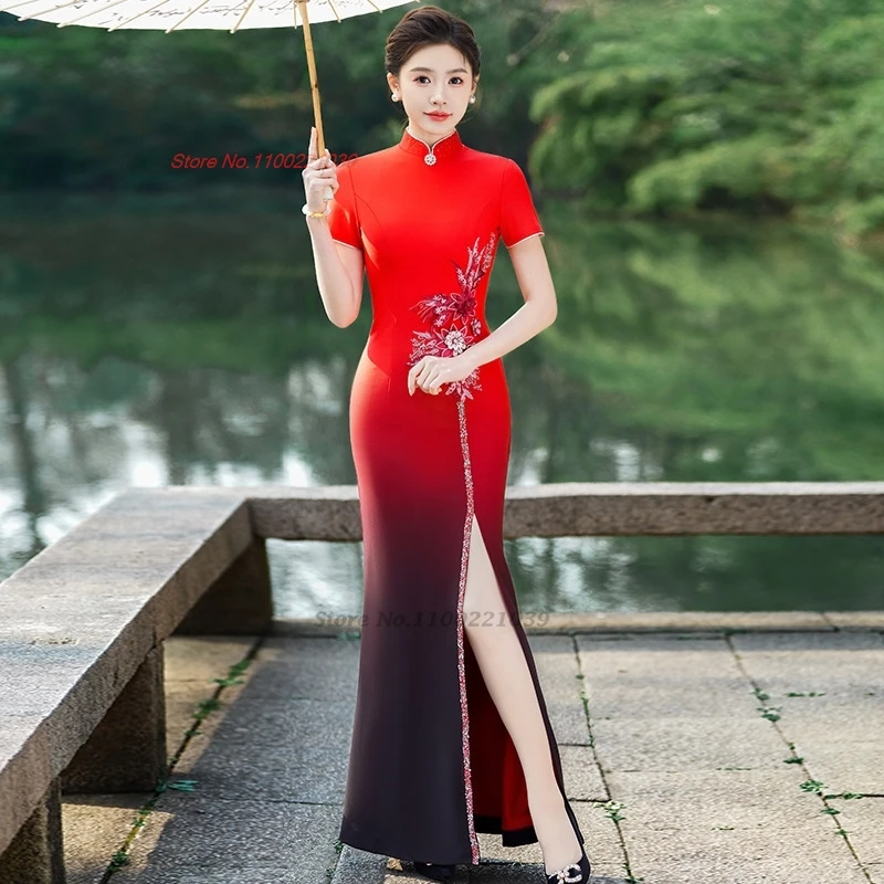 

Китайское винтажное платье 2021, улучшенное Ципао, цветочное вышивка, градиент цвета, Cheongsam, сценическое вечернее платье для банкета