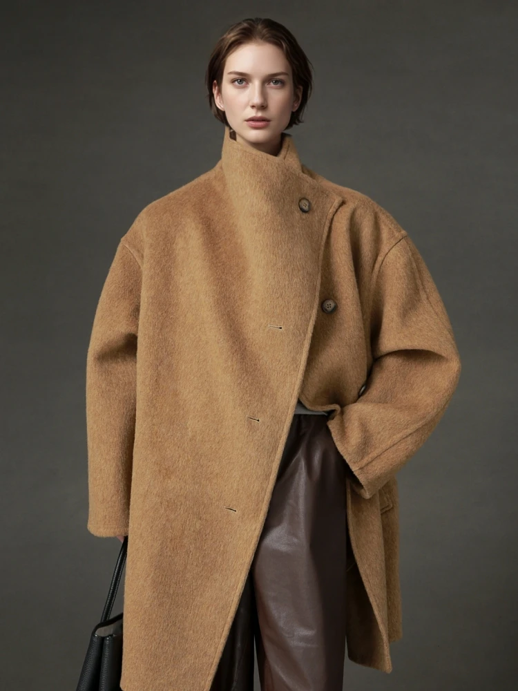 Stand Collar Design Lady's Short Woolen Jackets 2025 Autumn And Winter Mid-Length Single Breasted Loose Warm Women's Wool Coats