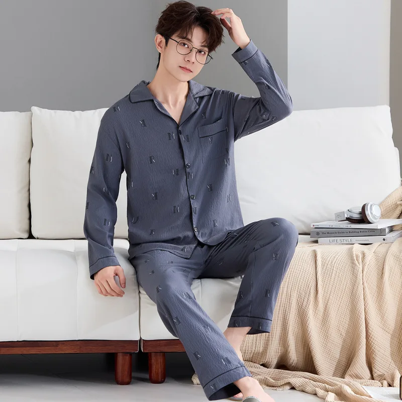 بيجامة رجالية فاخرة للخريف والربيع، قطن سحابي بأكمام طويلة، نمط بسيط مع تصميم حروف، مجموعة ملابس مريحة راقية