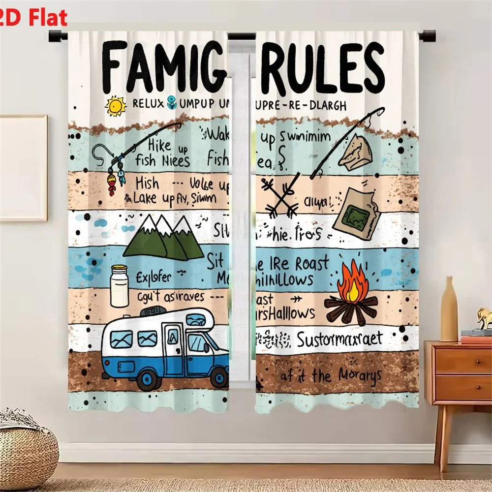 2Pcs Curtains 2D Flat FAMIG RULES Camping & Outdoor Activities Illustration with Fishing Camping Gear Fire RV and Playful Text E