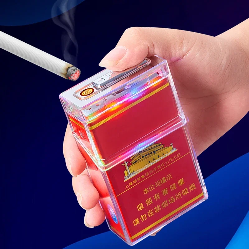 New Transparent Cigarette Case with Lighter All-in-one Machine 20 Standard Cigarettes Creative Windproof Cigarette Lighter