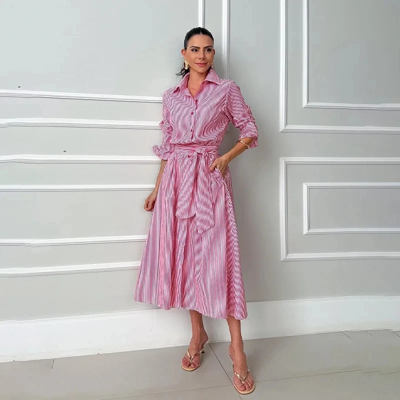 

2026 Spring New Womens Fashion Elegant Desin Solid Color Long Sleeve Polo Collar Button Pocket Dress