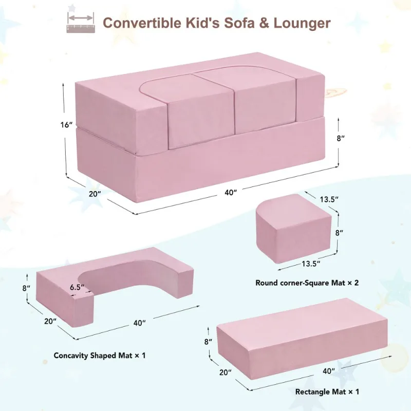 Set di divani modulari rosa per bambini Divano da gioco componibile convertibile con pouf Mobili in morbida schiuma per sala giochi e camera da letto per bambini