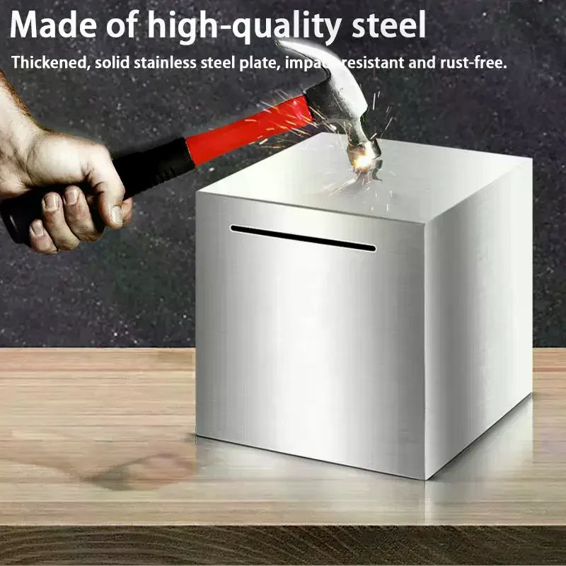 Cannot Be Opened Portable For /Adults Stainless Steel Cube Safe Box Piggy Bank Money Savings Bank Money Bank Box