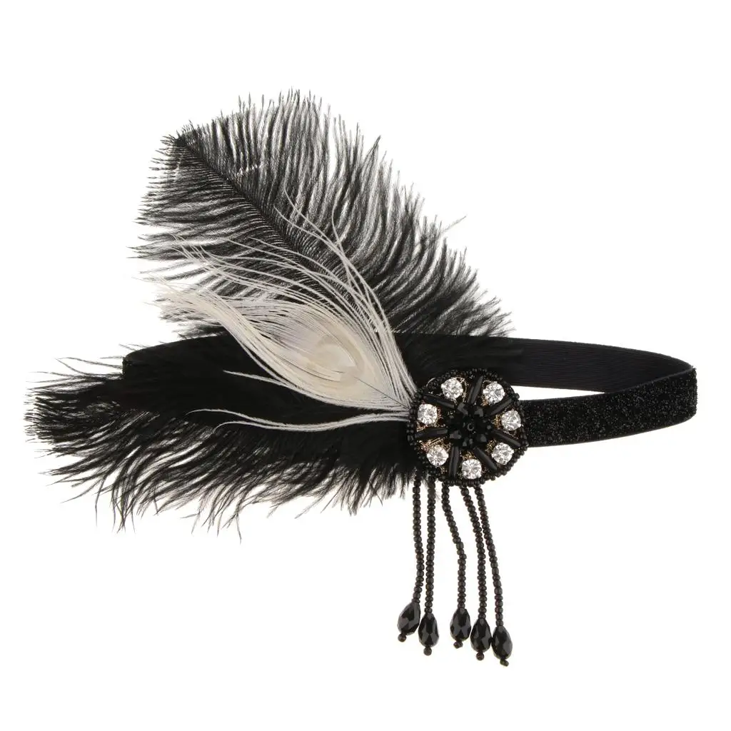 1920s Lady Feather Crystal Tassel Headband Headwear Hair Accessories